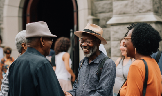 Group of people greeting each other outside a church